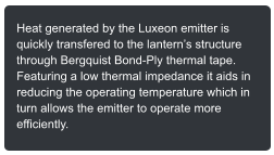 Heat generated by the Luxeon emitter is quickly transfered to the lanterns structure through Bergquist Bond-Ply thermal tape. Featuring a low thermal impedance it aids in reducing the operating temperature which in turn allows the emitter to operate more efficiently.
